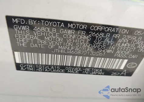 2007 Lexus Es 350 из США, поврежденный, VIN JTHBJ46G872132261